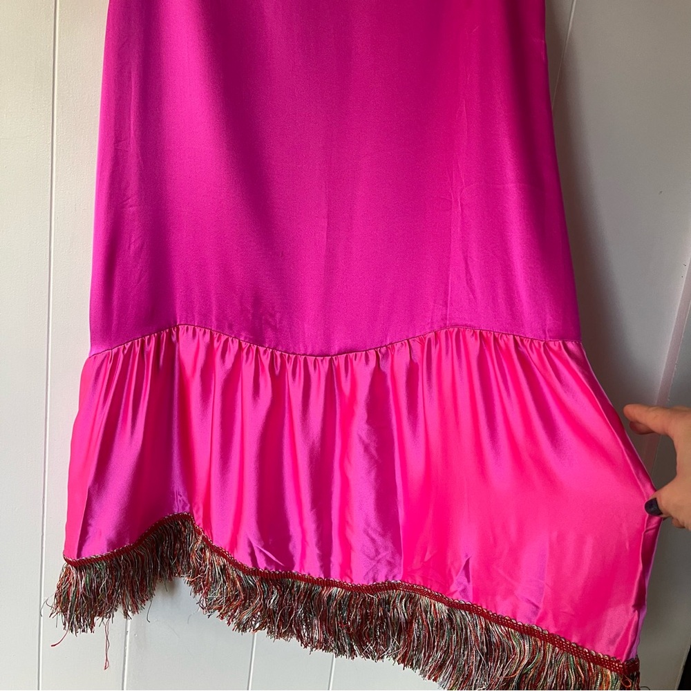 NWT Vintage Petro Zillia Fuchsia 100% Silk Ruffle Fringe drawstring skirt Pink - Picture 5 of 11